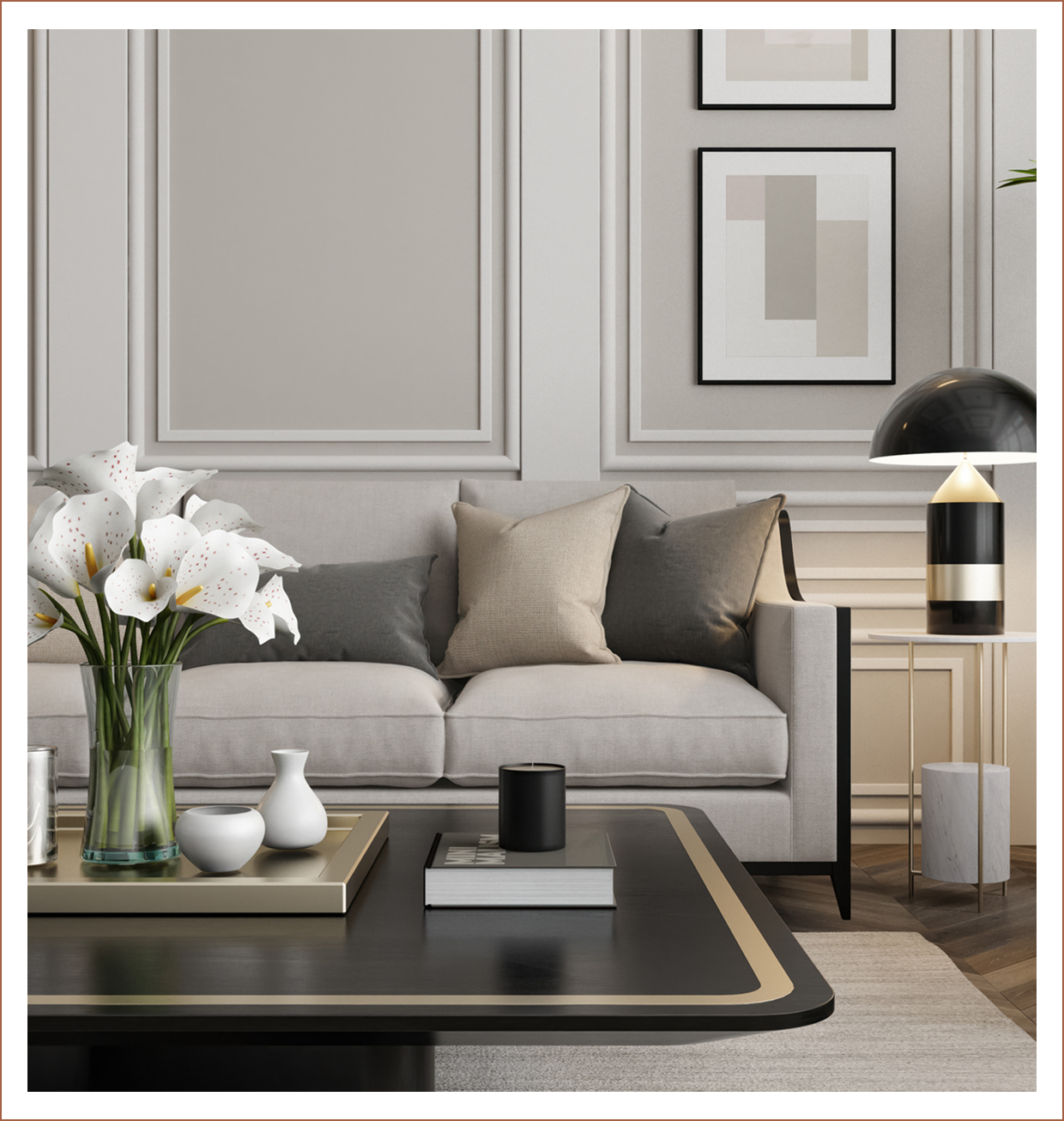 Modern living room with gray sofa decor.