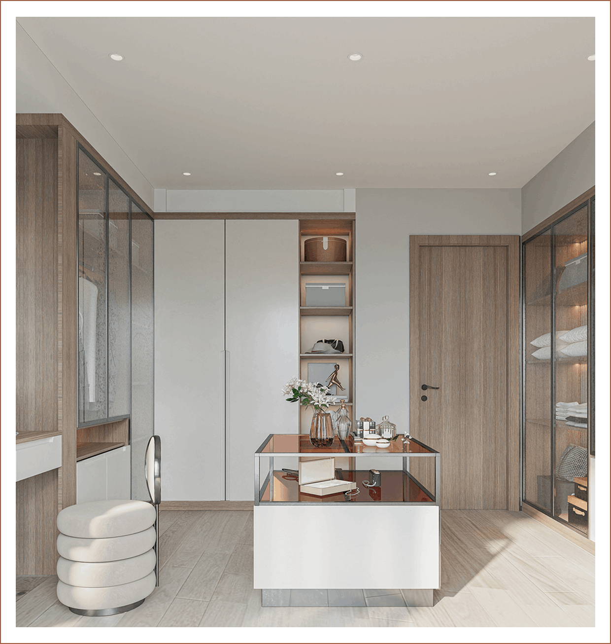 Modern walk-in closet with minimalist design.